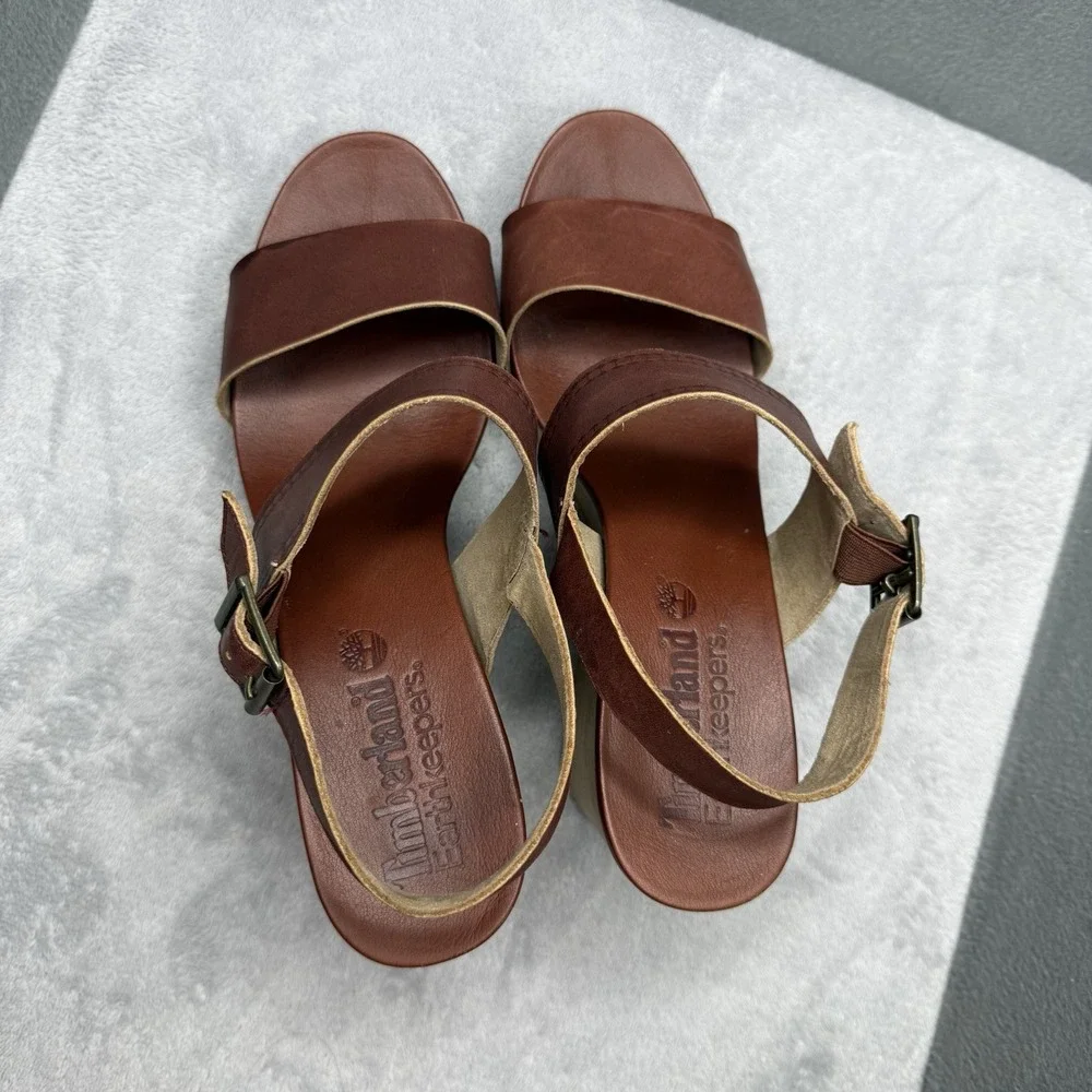 Timberland Earthkeepers Danforth Wedge Sandals Women's 10 Brown Leather 8158B